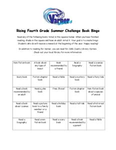 Rising Fourth Grade Summer Challenge Book Bingo Read any of the following books listed in the squares below. When you have finished reading, shade in the square and have an adult initial it. Your goal is to create bingo.