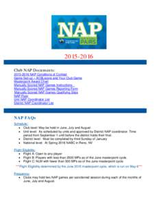 Club NAP Documents: NAP Conditions of Contest Game Set-up – ACBLscore and Your Club Game Masterpoint Award Chart Manually Scored NAP Games Instructions