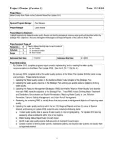 Project Charter (Version 1)  Date: [removed]Project Name: Water Quality Work Team for the California Water Plan Update 2013