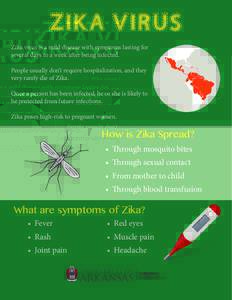 ZIKA VIRUS Zika virus is a mild disease with symptoms lasting for several days to a week after being infected. People usually don’t require hospitalization, and they very rarely die of Zika. Once a person has been infe