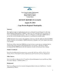 Nova Scotia Freedom of Information and Protection of Privacy Report of Review Officer Carmen Stuart  REVIEW REPORT FI[removed]M)