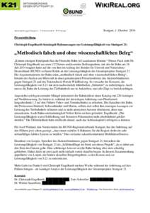 Aktionsbündnis gegen Stuttgart 21 · 21 Donizettistraße B · 70195 Stuttgart  Stuttgart, 1. Oktober 2014 Pressemitteilung Christoph Engelhardt bemängelt Bahnaussagen zur Leistungsfähigkeit von Stuttgart 21: