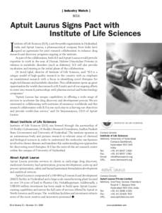 [ Industry Watch ]  INDIA Aptuit Laurus Signs Pact with Institute of Life Sciences