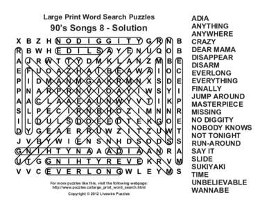 Large Print Word Search Puzzles  90’s Songs 8 - Solution X R A