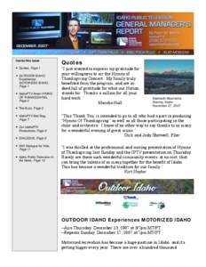 KAID BOISE • KCDT COEUR D’ALENE • KIPT TWIN FALLS • KISU POCATELLO • KUID MOSCOW  Inside this issue • Quotes, Page 1 • OUTDOOR IDAHO