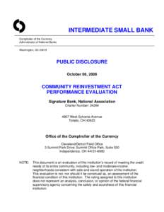 O  INTERMEDIATE SMALL BANK Comptroller of the Currency Administrator of National Banks
