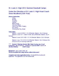 St. Louis U. High 2014 Summer Baseball Camps Under the Direction of St. Louis U. High Head Coach Steve Nicollerat (35th Year) Areas of Instruction Hitting Bunting