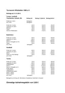 Turnverein Witzhelden 1884 e.V. Beiträge ab[removed]Turnen, Lauftreff, Tischtennis, Schach, Ski  Beitrag mtl.