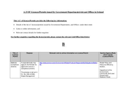 A-Z OF Licences/Permits issued by Government Departments/relevant Offices in Ireland  This A-Z of licences/Permits provides the following key information:   Details of the list of licences/permits issued by Government