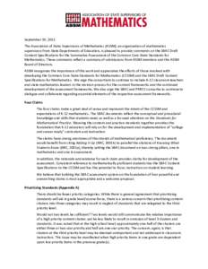 September 19, 2011 The Association of State Supervisors of Mathematics (ASSM), an organization of mathematics supervisors from State Departments of Education, is pleased to provide comments on the SBAC Draft Content Spec