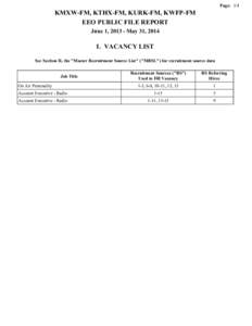 Page: 1/4  KMXW-FM, KTHX-FM, KURK-FM, KWFP-FM EEO PUBLIC FILE REPORT June 1, [removed]May 31, 2014