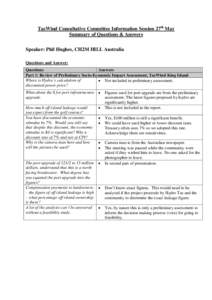 TasWind Consultative Committee Information Session 27th May Summary of Questions & Answers Speaker: Phil Hughes, CH2M HILL Australia Questions and Answer: Questions Answers