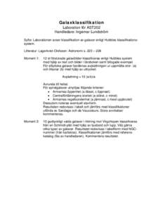 Galaxklassifikation Laboration för AST202 Handledare: Ingemar Lundström Syfte: Laborationen avser klassifikation av galaxer enligt Hubbles klassifikationssystem. Litteratur: Lagerkvist-Olofsson: Astronomi s. 223 – 22