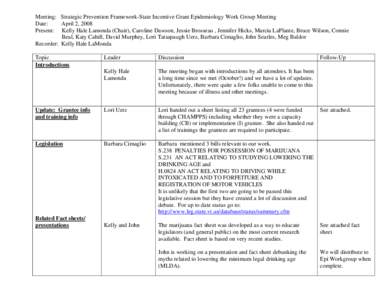 Meeting: Strategic Prevention Framework-State Incentive Grant Epidemiology Work Group Meeting Date: April 2, 2008 Present: Kelly Hale Lamonda (Chair), Caroline Dawson, Jessie Brosseau , Jennifer Hicks, Marcia LaPlante, B