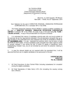 No[removed]PESB Government of India Public Enterprises Selection Board (Department of Personnel & Training) *** Block No. 14, CGO Complex, PE Bhavan