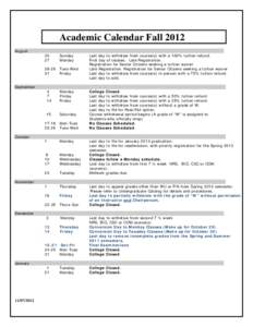 Academic Calendar Fall 2012 August 26 27