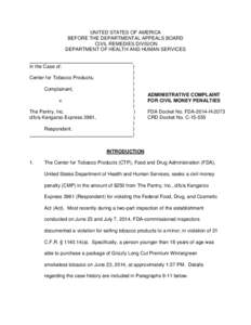 Administrative Complaint For Civil Money Penalties FDA Docket No. FDA-2014-H-0346 CRD Docket No. C[removed]