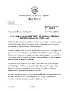 DEPARTMENT OF THE ATTORNEY GENERAL  News Release LINDA LINGLE GOVERNOR