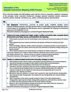 Description of the Adapted Intervention Mapping (AIM) Process University of Colorado Denver[removed]East 17th Place, B119, Aurora, CO[removed]Denver Ph: [removed]Alamosa Ph: [removed]