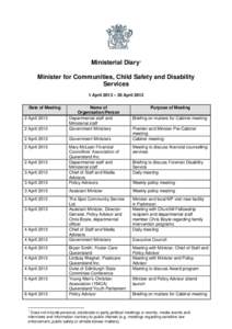 Ministerial Diary1 Minister for Communities, Child Safety and Disability Services 1 April 2013 – 30 April 2013 Date of Meeting