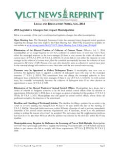 LEGAL AND REGULATORY NOTES, AUG[removed]Legislative Changes that Impact Municipalities Below is a summary of this year’s most important legislative changes that affect municipalities: Open Meeting Law. The Municipal