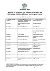 Ministerial Diary1 Minister for Aboriginal and Torres Strait Islander and Multicultural Affairs and Minister Assisting the Premier 1 June 2013 – 30 June 2013 Date of Meeting 1 June 2013