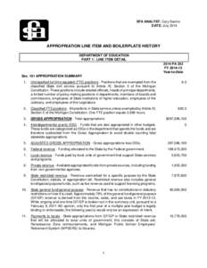 SFA ANALYST: Cory Savino DATE: July 2014 APPROPRIATION LINE ITEM AND BOILERPLATE HISTORY DEPARTMENT OF EDUCATION PART 1: LINE ITEM DETAIL