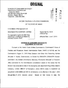 ORIGINAL DIVISION OF CONSUMER ADVOCACY Department of Commerce and Consumer Affairs 335 Merchant Street, Room 326 Honolulu, Hawaii 96813