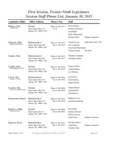 First Session, Twenty-Ninth Legislature Session Staff Phone List, January 30, 2015 Legislative Office Bishop, Click C&RA Chair