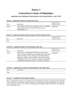 District 3 Federal Reserve Bank of Philadelphia Applications and notifications filed during the week ending Saturday, April 4, 2015 Section I – Applications subject to newspaper notice only Type