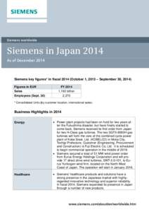 Siemens worldwide  Siemens in Japan 2014 As of DecemberSiemens key figures* in fiscalOctober 1, 2013 – September 30, 2014)