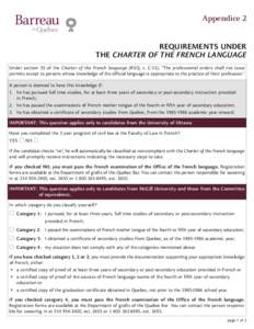 Appendice 2 REQUIREMENTS UNDER THE CHARTER OF THE FRENCH LANGUAGE Under section 35 of the Charter of the French language (RSQ, c. C-11), “The professional orders shall not issue permits except to persons whose knowledg