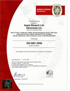 Certification Awarded to Asper Biotech Ltd. Genorama Llc. Vaksali 17A, 50410 Tartu, Estonia
