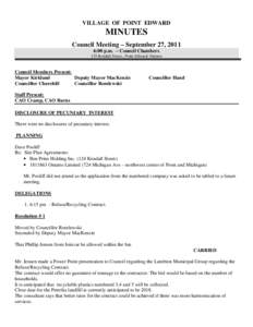 VILLAGE OF POINT EDWARD  MINUTES Council Meeting – September 27, 2011 6:00 p.m. – Council Chambers 135 Kendall Street., Point Edward, Ontario