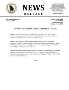 NEWS R E L E A S E For Immediate Release August 5, 2014