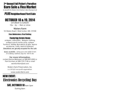 2nd Annual Fall Picker’s Paradise  Barn Sale & Flea Market to benefit the Waters Farm Nathan’s Barn Raising Fund