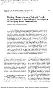 Writing Characteristics of Suicidal People on the Internet: A Psychological I... Azy Barak; Ofra Miron Suicide & Life - Threatening Behavior; Oct 2005; 35, 5; Research Library Core pg[removed]Reproduced with permission of 