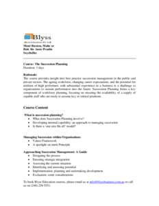 Succession planning / Praslin / Mont Buxton / Planning / Seychelles / Human resource management / Management / Workforce planning