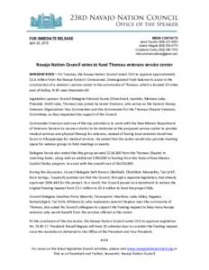 Microsoft Word - FOR IMMEDIATE RELEASE - Navajo Nation Council votes to fund Thoreau veterans service center.docx