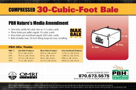 COMPRESSED  30-Cubic-Foot Bale PBH Nature’s Media Amendment • 	One bale yields 90 cubic feet or 3.3 cubic yards