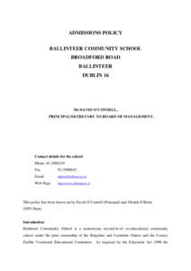 ADMISSIONS POLICY BALLINTEER COMMUNITY SCHOOL BROADFORD ROAD BALLINTEER DUBLIN 16