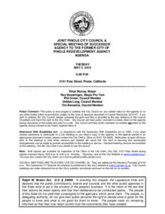 JOINT PINOLE CITY COUNCIL & SPECIAL MEETING OF SUCCESSOR AGENCY TO THE FORMER CITY OF PINOLE REDEVELOPMENT AGENCY AGENDA TUESDAY