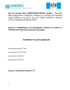 Call for Concept Note: UNODC/NAPTIP-NGAX41 project - Promoting Better Management of Migration in Nigeria by Combating and Reducing Irregular Migration that occurs, inter alia, through Trafficking In Persons (TIP) and Smu