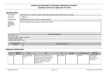 AUSTRALIAN PESTICIDES & VETERINARY MEDICINES AUTHORITY Application Summary for Application No[removed]Application Details: Product Name: