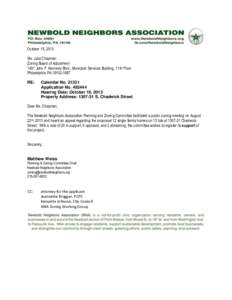 October 15, 2013 Ms. Julia Chapman Zoning Board of Adjustment 1401 John F. Kennedy Blvd., Municipal Services Building, 11th Floor Philadelphia PARE: