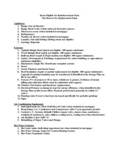 Items Eligible for Reimbursement from The Reserve for Replacement Fund Appliance: 1. Range (Gas of Electric) 2. Range Hood Vents (whole units not decorative pieces) 3. Microwave ovens (when included in mortgage)