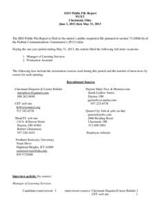 EEO Public File Report WCET Cincinnati, Ohio June 1, 2012 thru May 31, 2013  The EEO Public File Report is filed in the station’s public inspection file pursuant to section 73.2080c(6) of