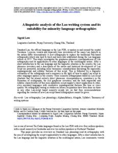 Authors’s accepted manuscript of the copyrighted article Lew, S[removed]A linguistic analysis of the Lao writing system and its suitability for minority language orthographies. Writing Systems Research, (ahead-of-print), 1-16. Link to the published article: http://dx.doi.org[removed][removed]