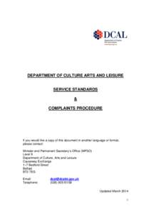 DEPARTMENT OF CULTURE ARTS AND LEISURE  SERVICE STANDARDS & COMPLAINTS PROCEDURE