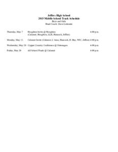 Jeffers High School 2015 Middle School Track Schedule Boys and Girls Head Coach: Steve Lishinski Thursday, May 7